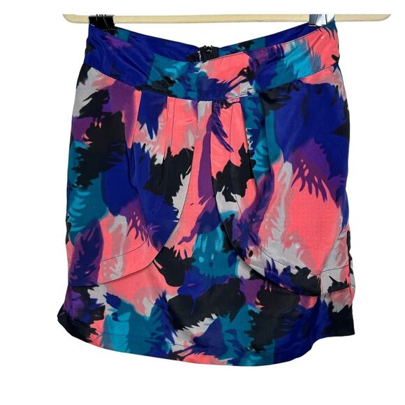Delicia Satin Purple Pink Blue Geometric Light Side Tulip Zip Back Skirt S - Picture 1 of 13
